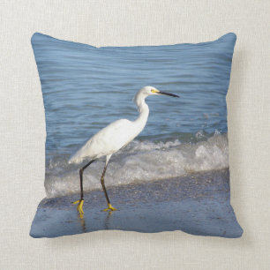 Snowy White Egret in Surf Throw Pillow