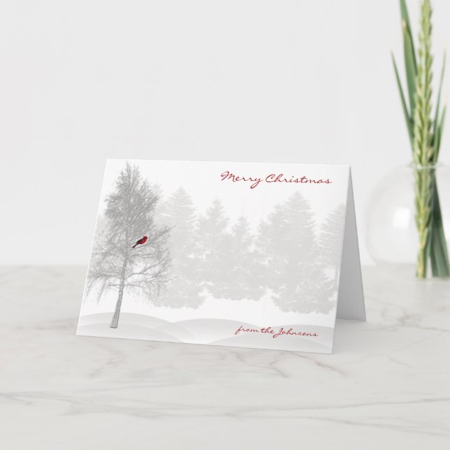 Snowy White Forest with Red Cardinal Holiday Card (Front)