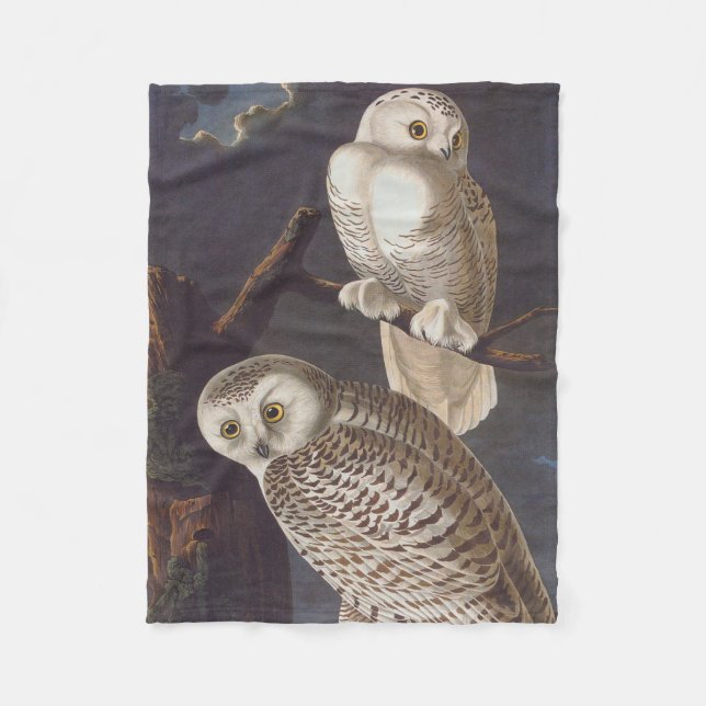 Snowy White Owls on a Dark Cloudy Night by Audubon Fleece Blanket (Front)