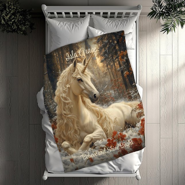 Snowy White Unicorn Winter Fairytale Castle Fleece Blanket (Creator Uploaded)