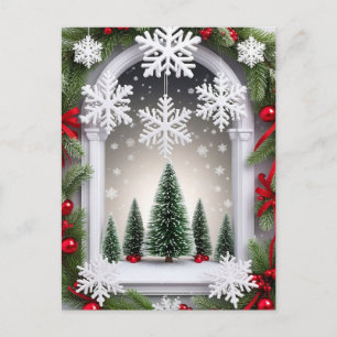❄️ Snowy Window Christmas Pine Red Decorations Postcard