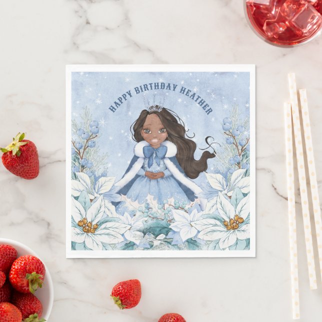 Snowy Winter African American Princess Birthday Napkin (Insitu)