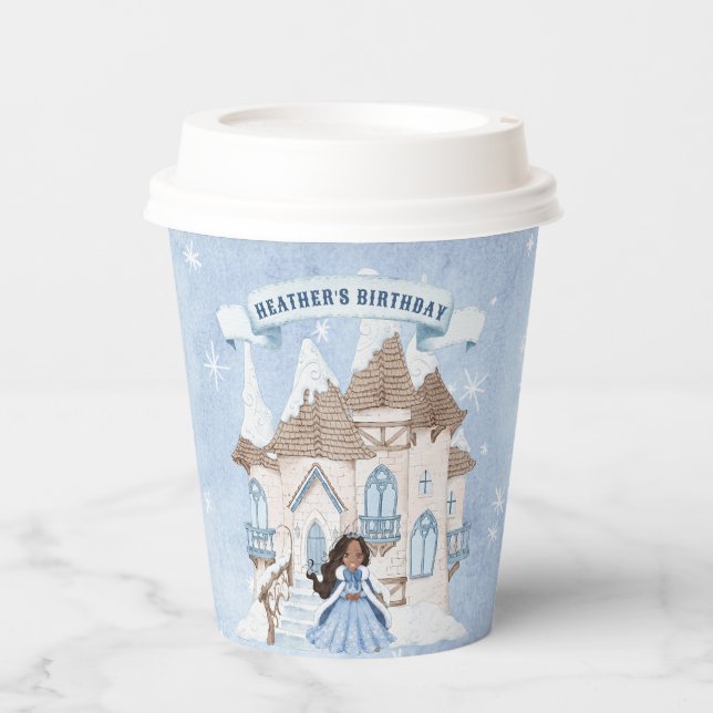 Snowy Winter African American Princess Birthday Paper Cups (Front)