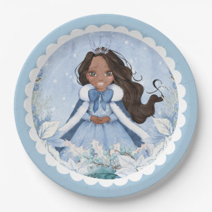 Snowy Winter African American Princess Birthday Paper Plate