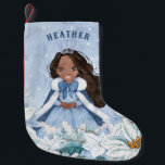 Snowy Winter African American Princess Small Christmas Stocking<br><div class="desc">This adorable snowy winter Princess stocking features a beautiful young African American princess with black hair wearing a blue and white snowflake gown and warm fur lined cape. The princess is surrounded by poinsettias. You can personalize with your princess's name!</div>