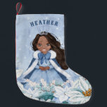 Snowy Winter African American Princess Small Christmas Stocking<br><div class="desc">This adorable snowy winter Princess stocking features a beautiful young African American princess with black hair wearing a blue and white snowflake gown and warm fur lined cape. The princess is surrounded by poinsettias. You can personalize with your princess's name!</div>