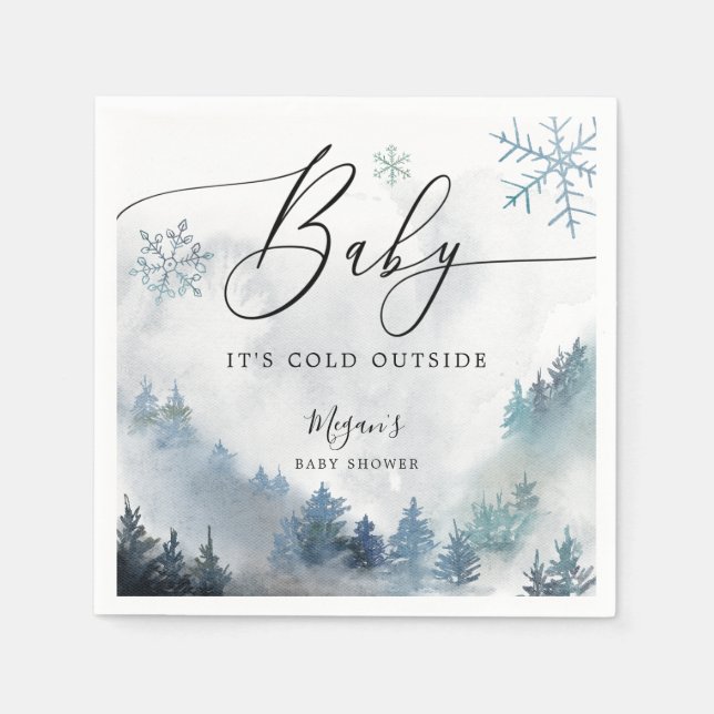 Snowy Winter Baby Shower Blue Snowflakes Napkin (Front)