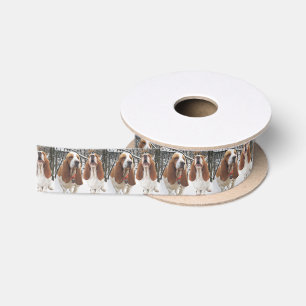Snowy Winter Basset Hounds in Woods Ribbon Satin Ribbon