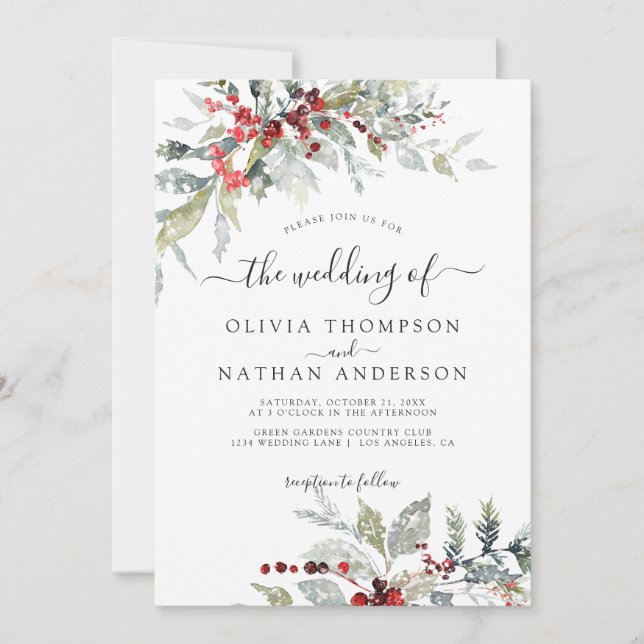 Snowy Winter Berries Botanical Monogram Wedding Invitation (Front)