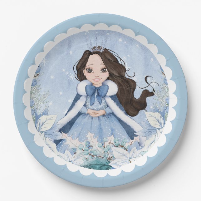 Snowy Winter Black Haired Princess Birthday Paper Plate (Front)