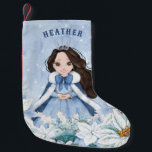 Snowy Winter Black Haired Princess Small Christmas Stocking<br><div class="desc">This adorable snowy winter Princess stocking features a beautiful young princess with black hair wearing a blue and white snowflake gown and warm fur lined cape. The princess is surrounded by poinsettias. You can personalize with your princess's name!</div>