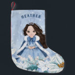 Snowy Winter Black Haired Princess Small Christmas Stocking<br><div class="desc">This adorable snowy winter Princess stocking features a beautiful young princess with black hair wearing a blue and white snowflake gown and warm fur lined cape. The princess is surrounded by poinsettias. You can personalize with your princess's name!</div>