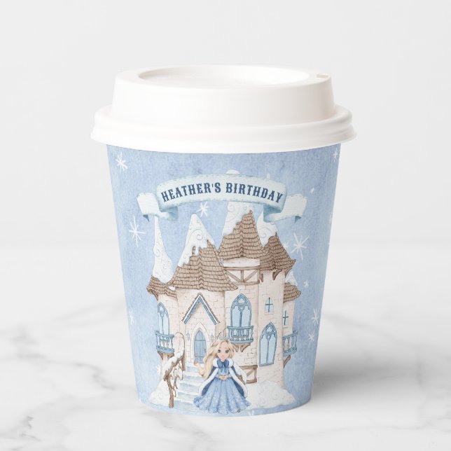 Snowy Winter Blonde Princess Birthday Paper Cups (Front)