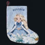 Snowy Winter Blonde Princess Small Christmas Stocking<br><div class="desc">This adorable snowy winter Princess stocking features a beautiful young princess with blonde hair wearing a blue and white snowflake gown and warm fur lined cape. The princess is surrounded by poinsettias. You can personalize with your princess's name!</div>