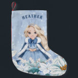 Snowy Winter Blonde Princess Small Christmas Stocking<br><div class="desc">This adorable snowy winter Princess stocking features a beautiful young princess with blonde hair wearing a blue and white snowflake gown and warm fur lined cape. The princess is surrounded by poinsettias. You can personalize with your princess's name!</div>