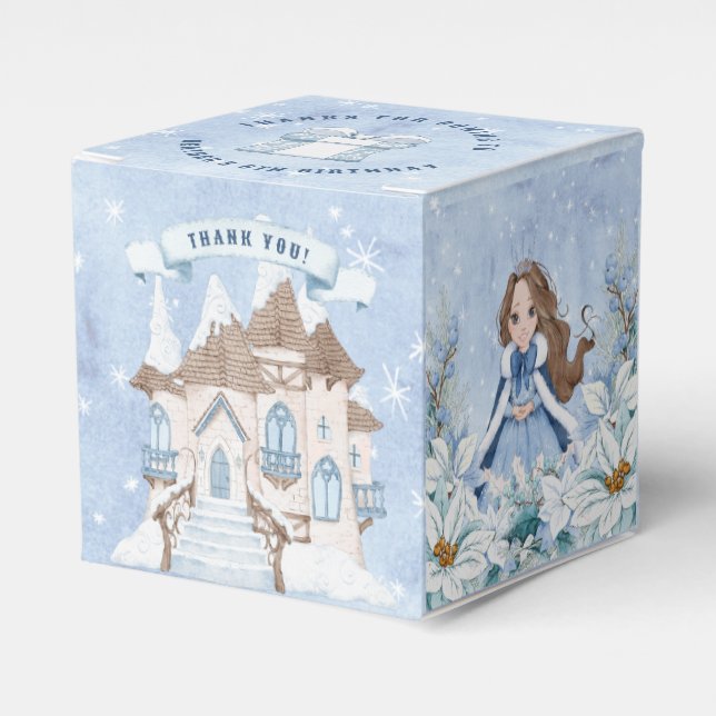 Snowy Winter Brunette Princess Birthday Favor Box (Front Side)