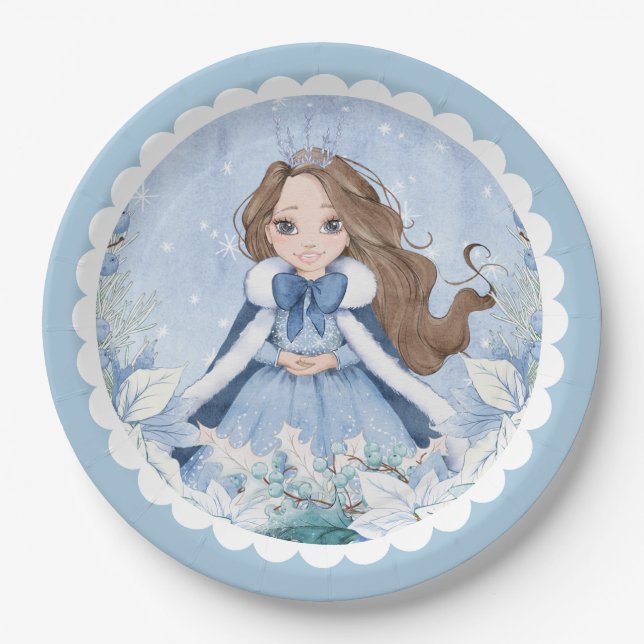 Snowy Winter Brunette Princess Birthday Paper Plate (Front)