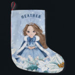 Snowy Winter Brunette Princess Small Christmas Stocking<br><div class="desc">This adorable snowy winter Princess stocking features a beautiful young princess with brown hair wearing a blue and white snowflake gown and warm fur lined cape. The princess is surrounded by poinsettias. You can personalize with your princess's name!</div>