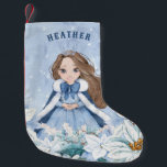 Snowy Winter Brunette Princess Small Christmas Stocking<br><div class="desc">This adorable snowy winter Princess stocking features a beautiful young princess with brown hair wearing a blue and white snowflake gown and warm fur lined cape. The princess is surrounded by poinsettias. You can personalize with your princess's name!</div>