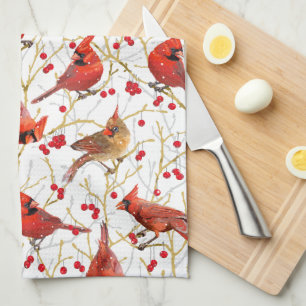 Snowy Winter Cardinals Winterberry Christmas  Kitchen Towel
