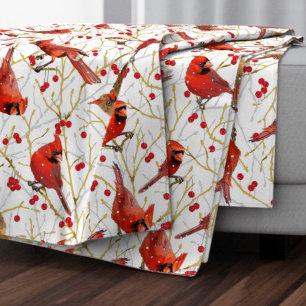 Snowy Winter Cardinals Winterberry Christmas   Wt Fleece Blanket