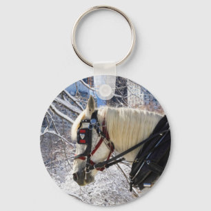 Snowy Winter Carriage Horse in Central Park Keychain