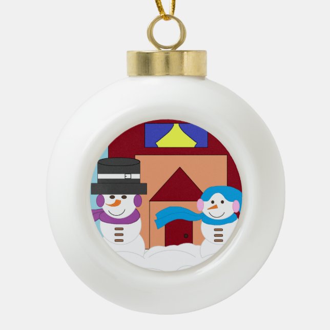 Snowy Winter Ceramic Ball Christmas Ornament (Front)