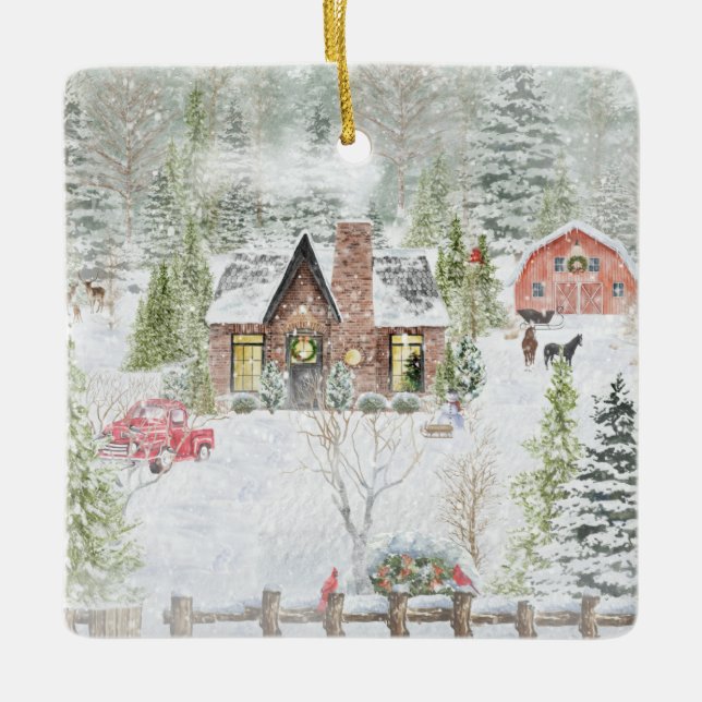 Snowy Winter Christmas Cabin Scene Ceramic Ornament (Front)