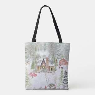 Snowy Winter Christmas Cabin Scene Tote Bag