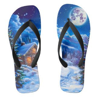 Snowy Winter Christmas Moon Night Cabin Flip Flops