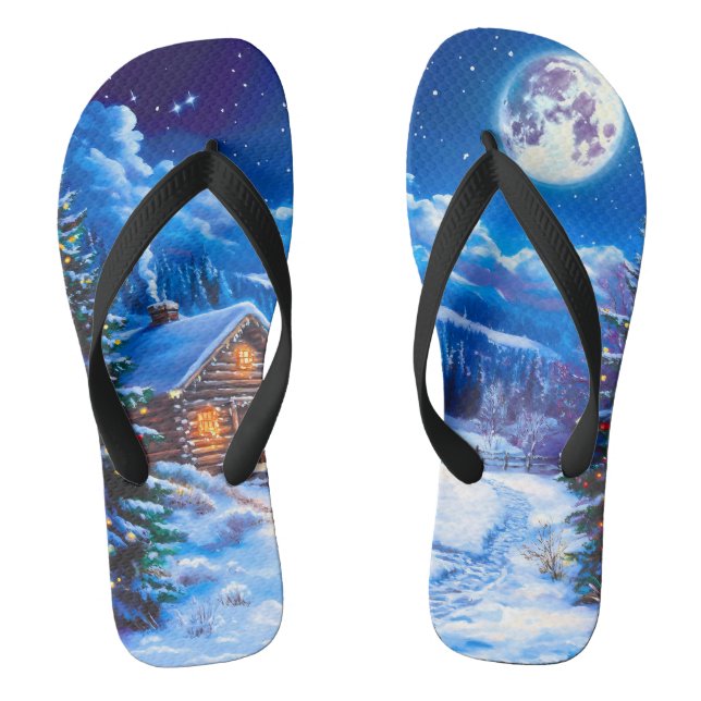 Snowy Winter Christmas Moon Night Cabin Flip Flops (Footbed)