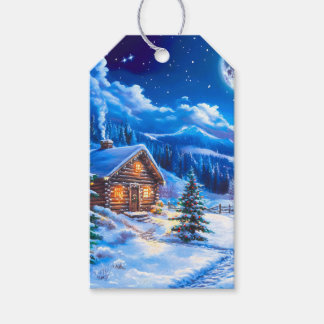 Snowy Winter Christmas Moon Night Cabin Gift Tags