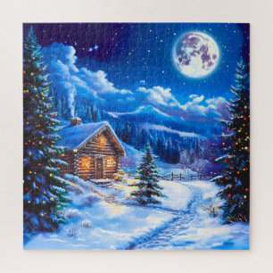 Snowy Winter Christmas Moon Night Cabin Jigsaw Puzzle