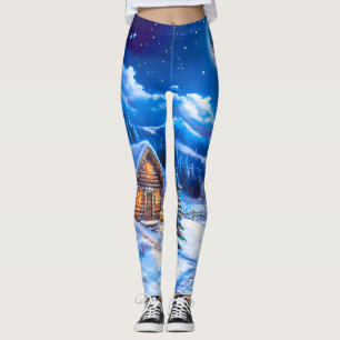 Snowy Winter Christmas Moon Night Cabin Leggings