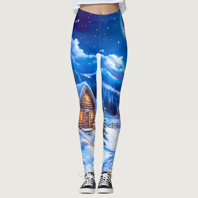 Snowy Winter Christmas Moon Night Cabin Leggings (Front)