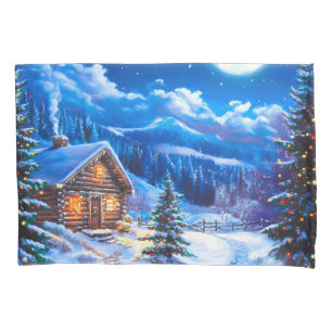 Snowy Winter Christmas Moon Night Cabin Pillowcase
