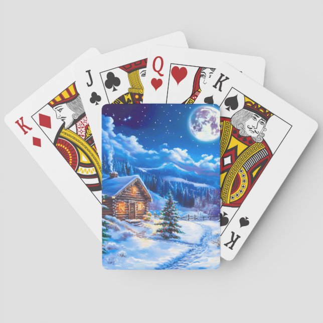 Snowy Winter Christmas Moon Night Cabin Playing Cards (Back)