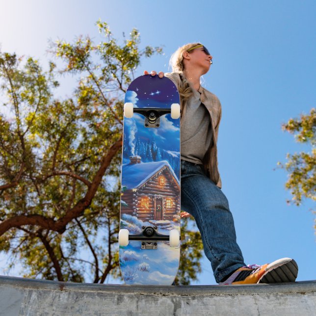 Snowy Winter Christmas Moon Night Cabin Skateboard (Outdoor 1)