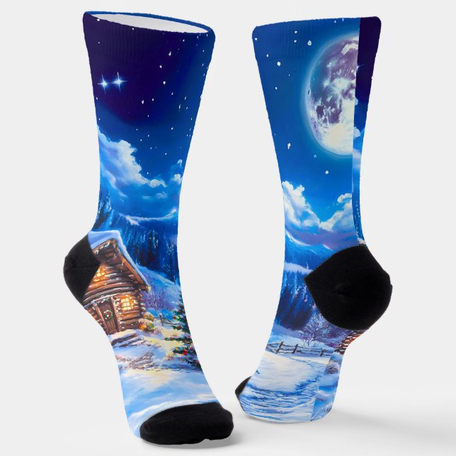 Snowy Winter Christmas Moon Night Cabin Socks (Angled)