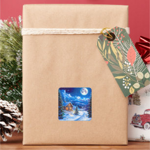 Snowy Winter Christmas Moon Night Cabin Square Sticker