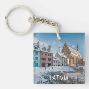 Snowy winter city center in Riga, Latvia Keychain