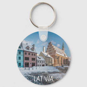 Snowy winter city center in Riga, Latvia Keychain