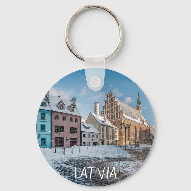 Snowy winter city center in Riga, Latvia Keychain (Front)