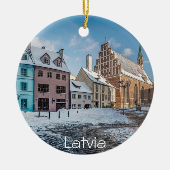 Snowy winter city centre in Riga, Latvia Ceramic Ornament (Front)