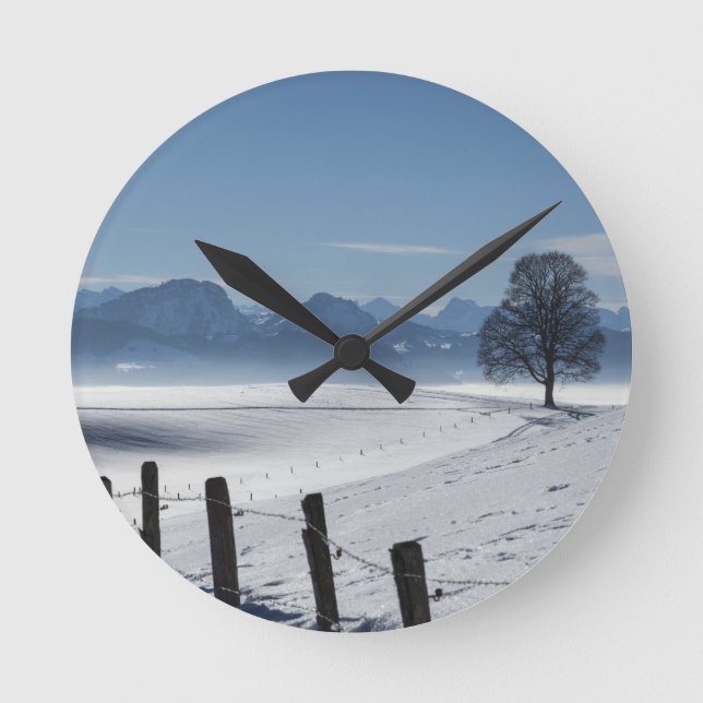 Snowy Winter Countryside Landscape Round Clock (Front)