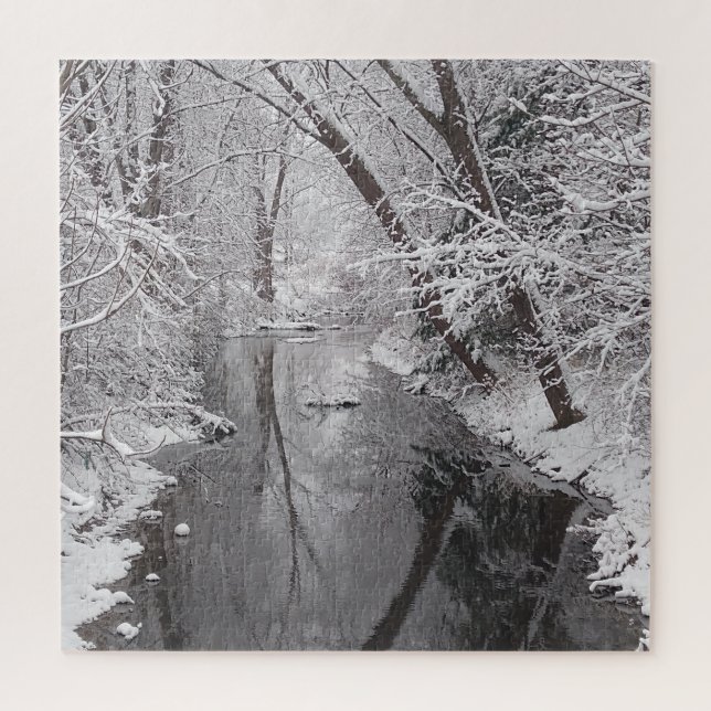 Snowy Winter Creek Tree Reflection Puzzle (Vertical)