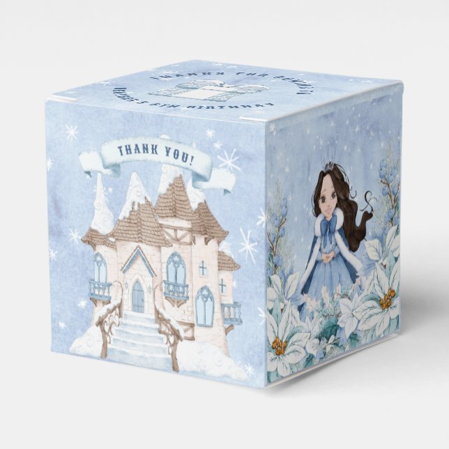 Snowy Winter Dark Haired Princess Birthday Favor Box (Front Side)