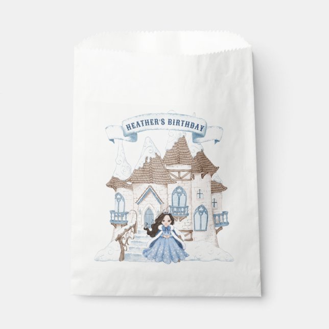 Snowy Winter Dark Haired Princess Birthday Favour Bag (Front)