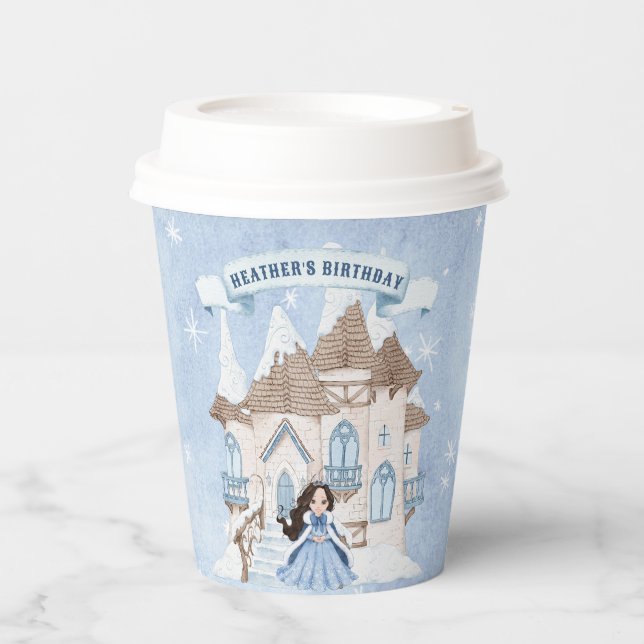 Snowy Winter Dark Haired Princess Birthday Paper Cups (Front)