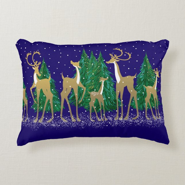 Snowy Winter Deer in Wooded Forest | Blue |  Accent Pillow (Front)